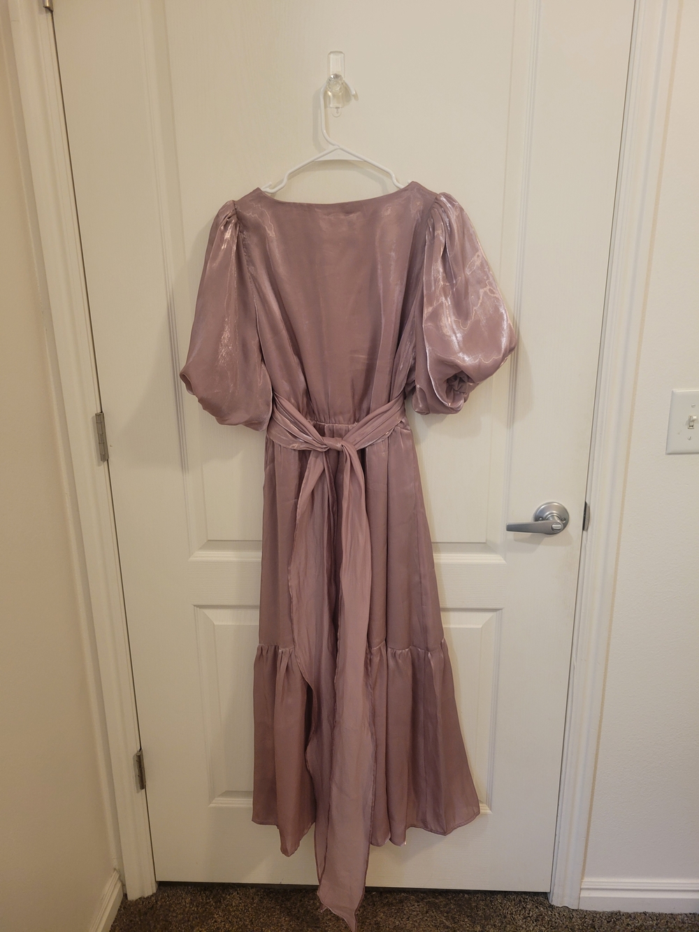 bohme Dusty Lavender Satin Wrap Maxi Dress with Puff Sleeves - Picture 2 of 3